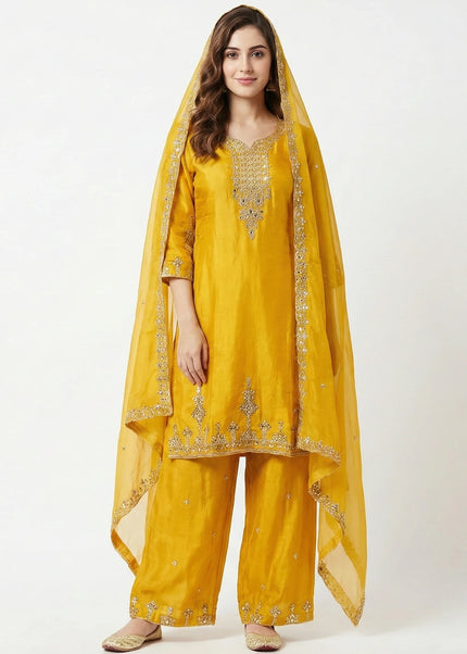 Hand-Embroidered Silk Palazzo Suit Set