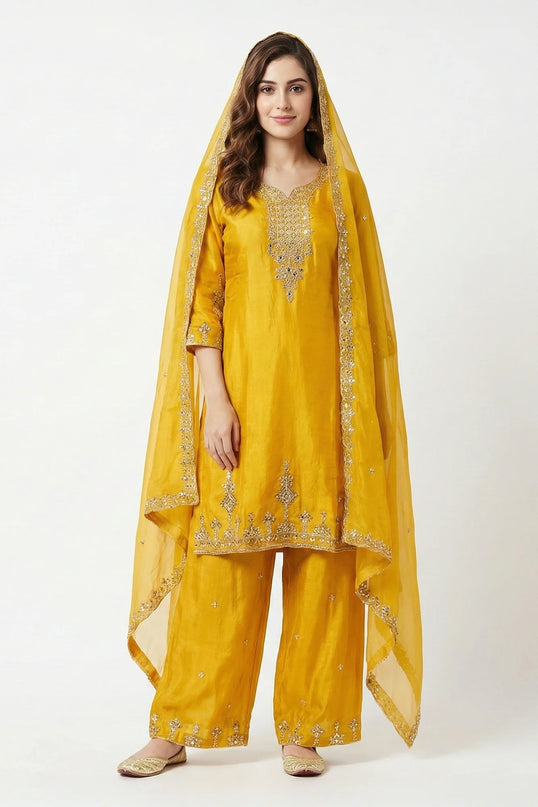 Hand-Embroidered Silk Palazzo Suit Set