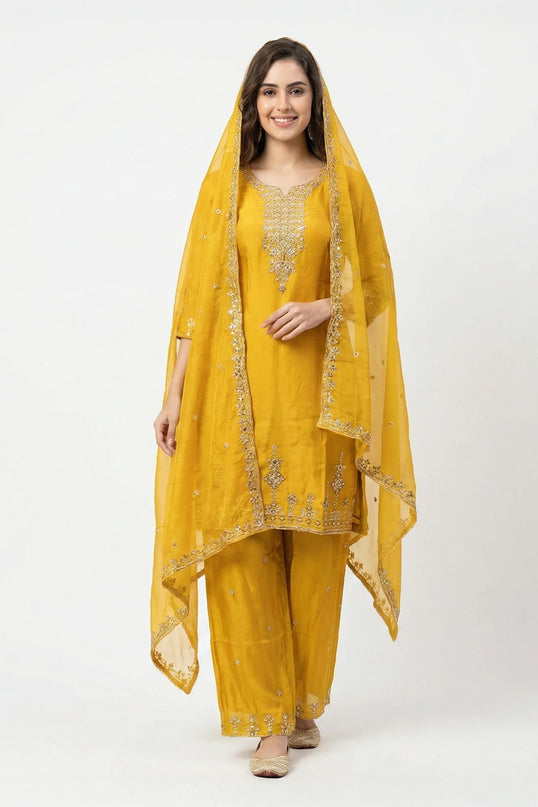 Hand-Embroidered Silk Palazzo Suit Set
