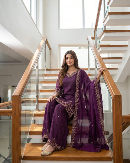 Purple Silk Palazzo Suit with Gold Zari Embroidery & Scalloped Hem