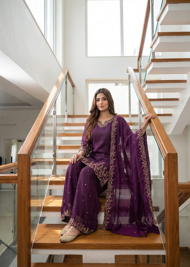 Purple Silk Palazzo Suit with Gold Zari Embroidery & Scalloped Hem