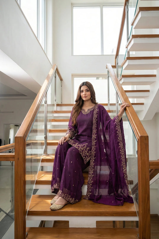 Purple Silk Palazzo Suit with Gold Zari Embroidery & Scalloped Hem