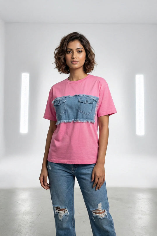Pink Denim-Patch Tee & Ripped Jeans