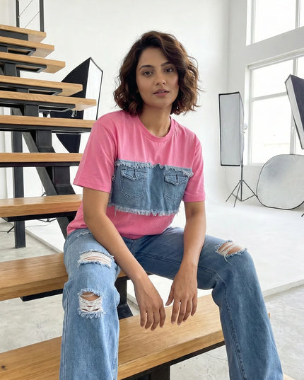 Pink Denim-Patch Tee & Ripped Jeans