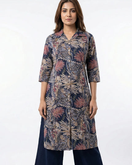 Navy Blue Botanical Print Shirt-Kurti