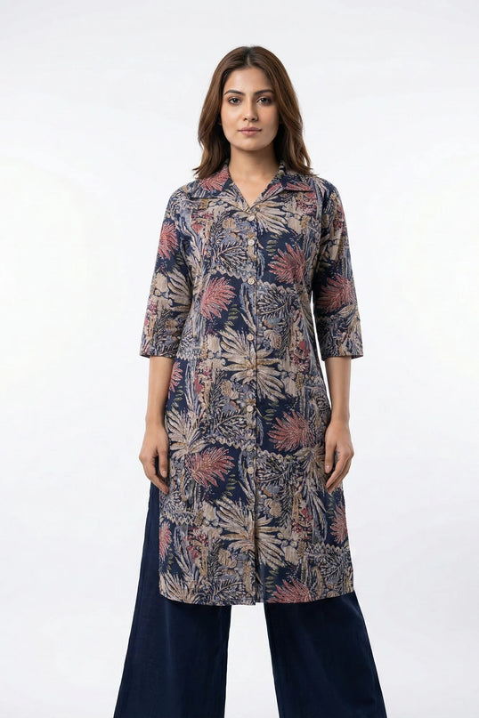 Navy Blue Botanical Print Shirt-Kurti