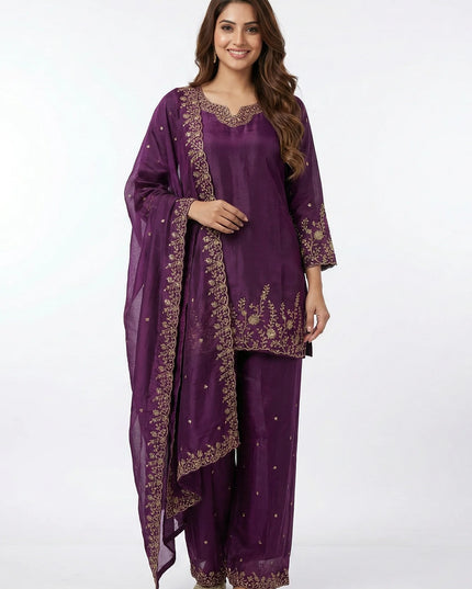 Purple Silk Palazzo Suit with Gold Zari Embroidery & Scalloped Hem