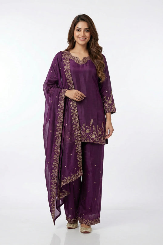 Purple Silk Palazzo Suit with Gold Zari Embroidery & Scalloped Hem