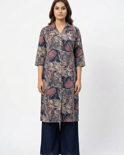 Navy Blue Botanical Print Shirt-Kurti