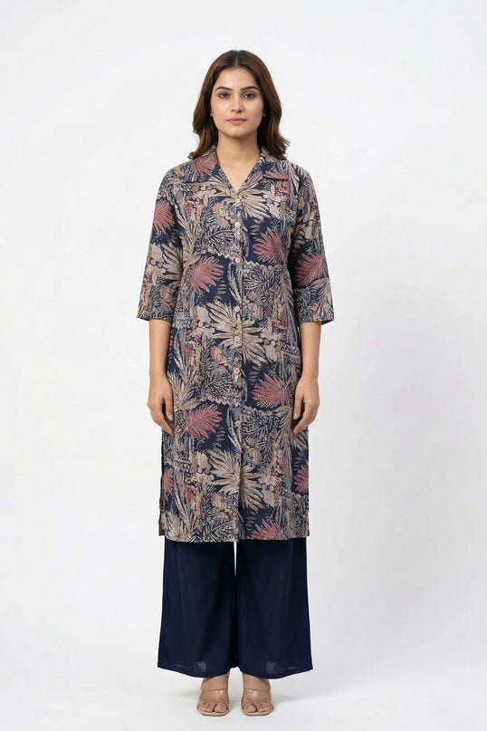 Navy Blue Botanical Print Shirt-Kurti