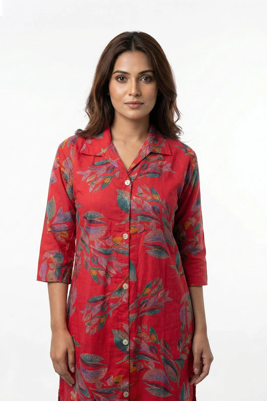 Ruby Red Botanical Print Shirt-Style Kurta
