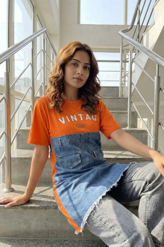 The Urban Fusion – Orange "VINTAG 1983" Denim-Patch Tee
