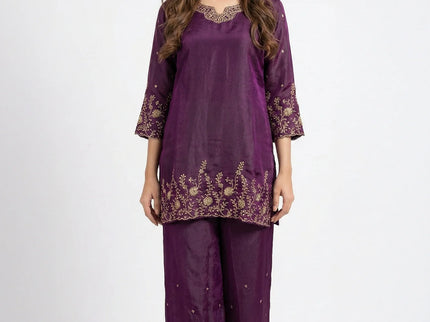 Purple Silk Palazzo Suit with Gold Zari Embroidery & Scalloped Hem