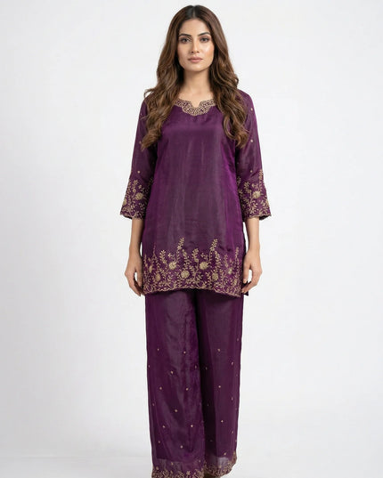 Purple Silk Palazzo Suit with Gold Zari Embroidery & Scalloped Hem