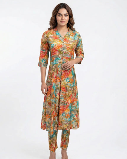 Vibrant Tropical Print Button-Down Co-ord Set