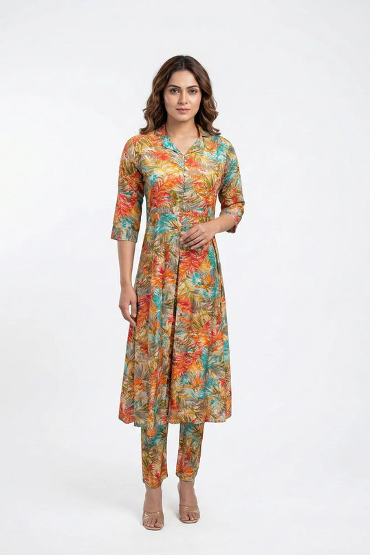 Vibrant Tropical Print Button-Down Co-ord Set