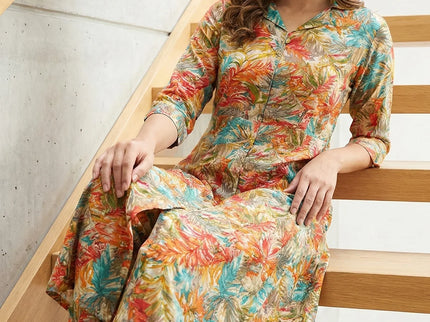 Vibrant Tropical Print Button-Down Kurta Set