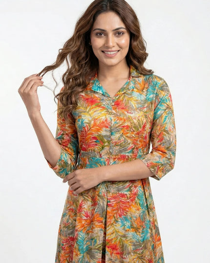 Vibrant Tropical Print Button-Down Co-ord Set