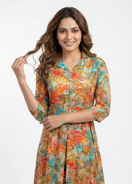 Vibrant Tropical Print Button-Down Kurta Set