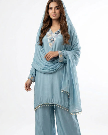 3D Floral Embroidered Silk Suit Set