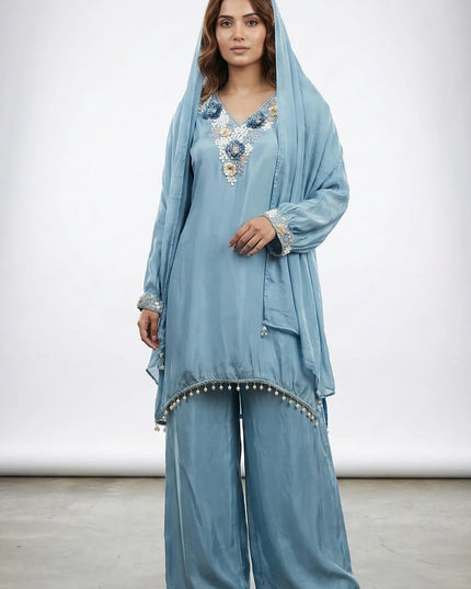 3D Floral Embroidered Silk Suit Set