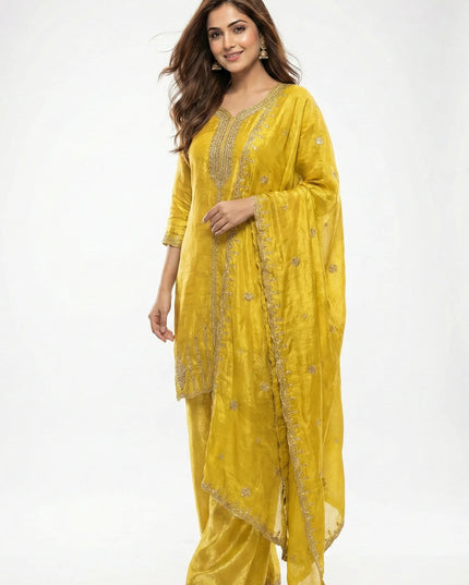 Luxe Crushed Silk Embroidered Palazzo Suit Set