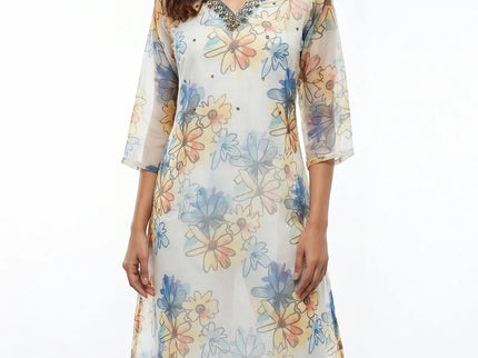Ethereal White Floral Georgette Kurti with Hand-Embellished Neckline Top
