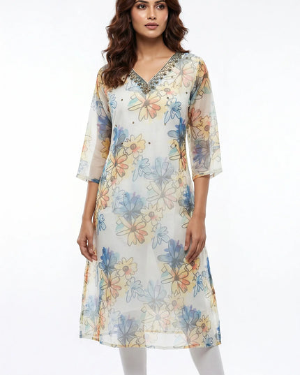 Ethereal White Floral Georgette Kurti with Hand-Embellished Neckline