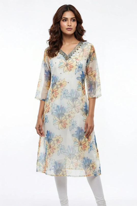 Ethereal White Floral Georgette Kurti with Hand-Embellished Neckline