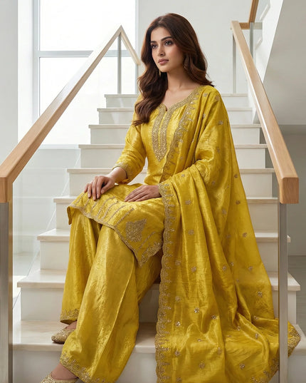 Luxe Crushed Silk Embroidered Palazzo Suit Set
