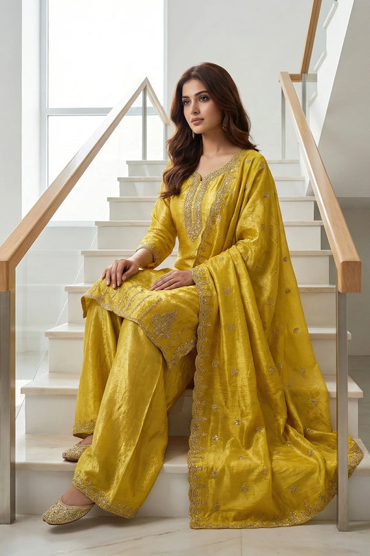 Luxe Crushed Silk Embroidered Palazzo Suit Set