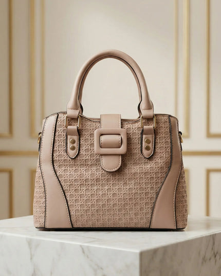 Women’s Textured Basket-Weave Handbag with Gold Accents