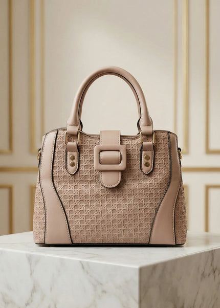 Women’s Textured Basket-Weave Handbag with Gold Accents