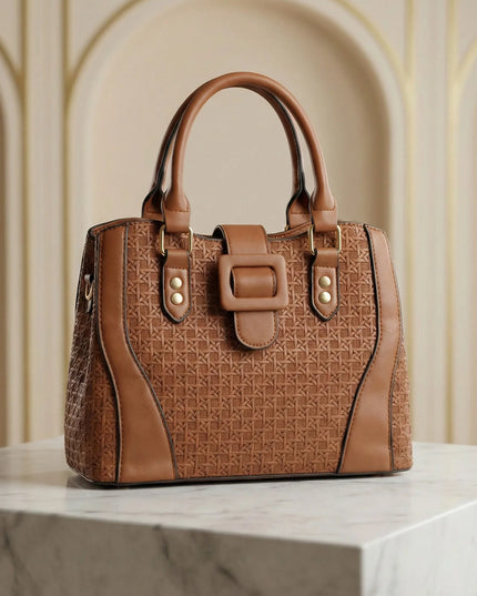 Women’s Textured Basket-Weave Handbag with Gold Accents