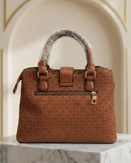 Women’s Textured Basket-Weave Handbag with Gold Accents