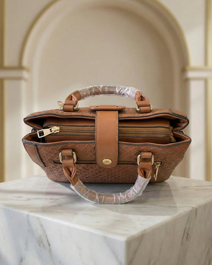 Women’s Textured Basket-Weave Handbag with Gold Accents