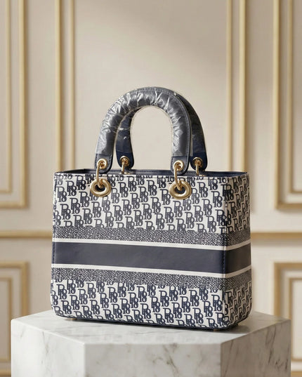 Chic Navy & White Monogram Boxy Tote