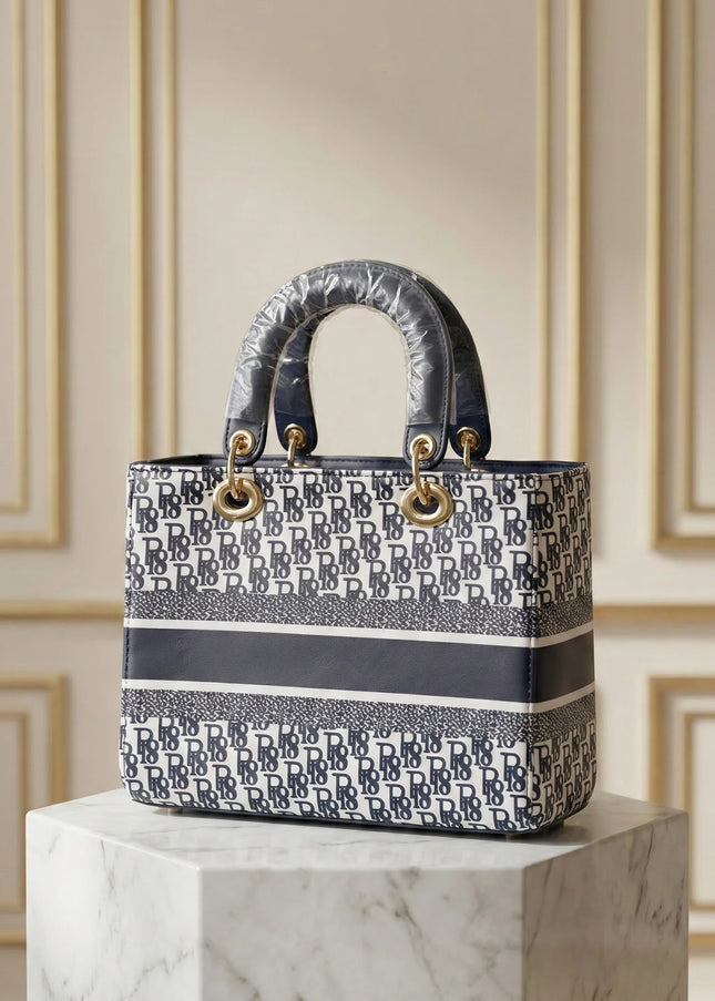 Chic Navy & White Monogram Boxy Tote