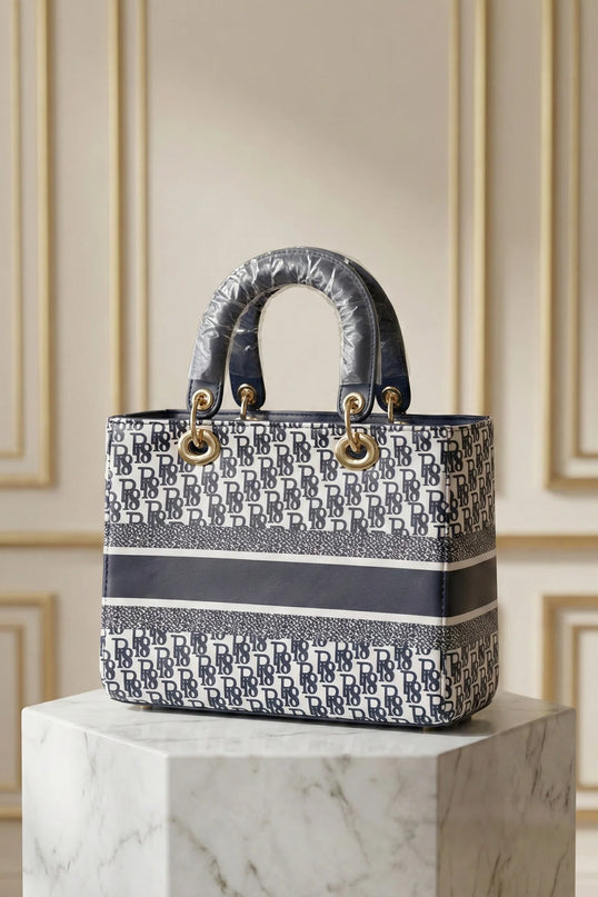 Chic Navy & White Monogram Boxy Tote