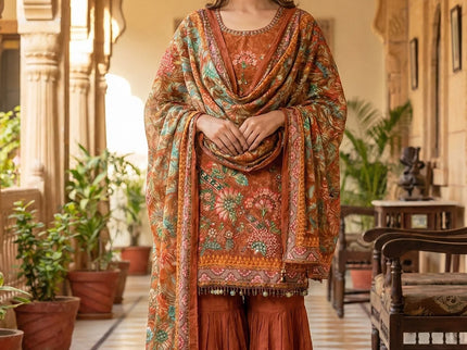 Rust Orange Floral Embroidered Sharara Set