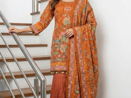 Rust Orange Floral Embroidered Sharara Set