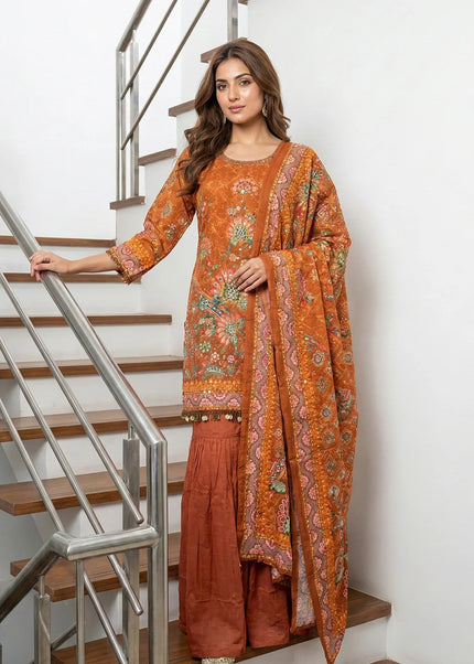 Rust Orange Floral Embroidered Sharara Set