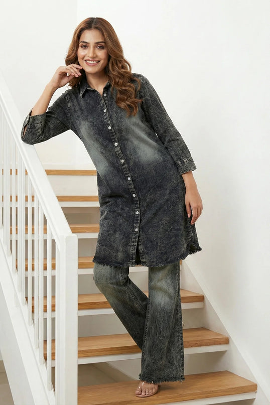Acid Wash Denim Tunic & Wide-Leg Jeans Co-ord Set