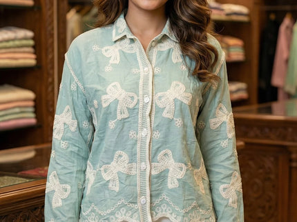 Embroidered Bow & Scallop Hem Shirt