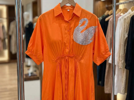 Radiant Orange Swan Embellished Shirt Dress