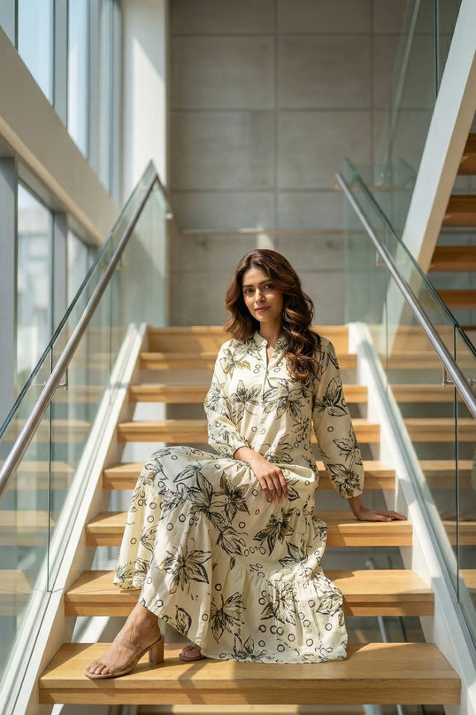 Cream Botanical Print Tiered Maxi Dress