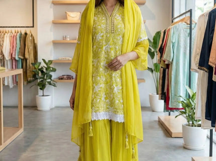 Lime Green Floral Embroidered Palazzo Set