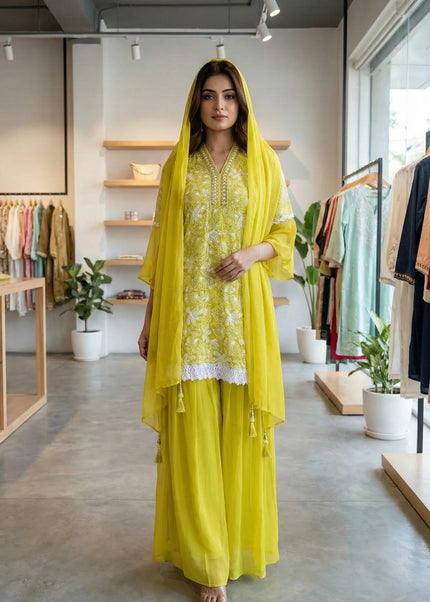 Lime Green Floral Embroidered Palazzo Set