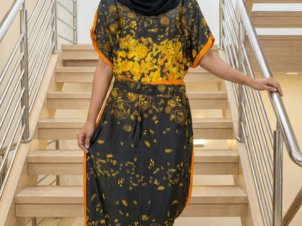 Luxe Jacquard Satin Kaftan with Print Detail