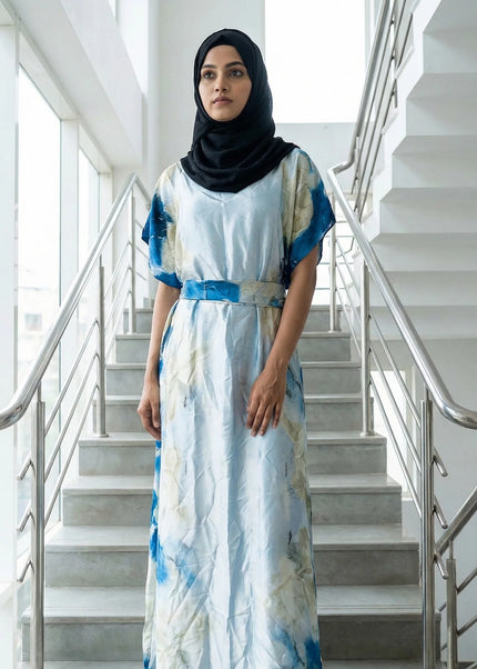 Luxe Jacquard Satin Kaftan with Print Detail